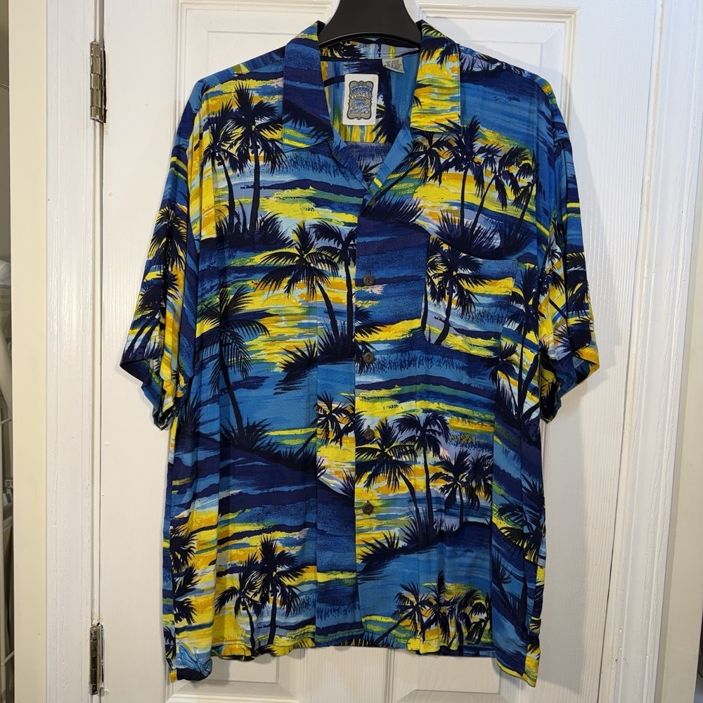 Ocean Current Vintage Original Hawaiian Men's XL Blue Shirt Palms Sunset Aloha